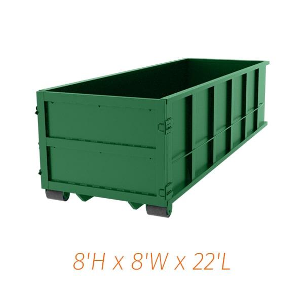 forty yard dumpsters typically have a length of 22 feet, a width of 8 feet, and a height of 7 feet